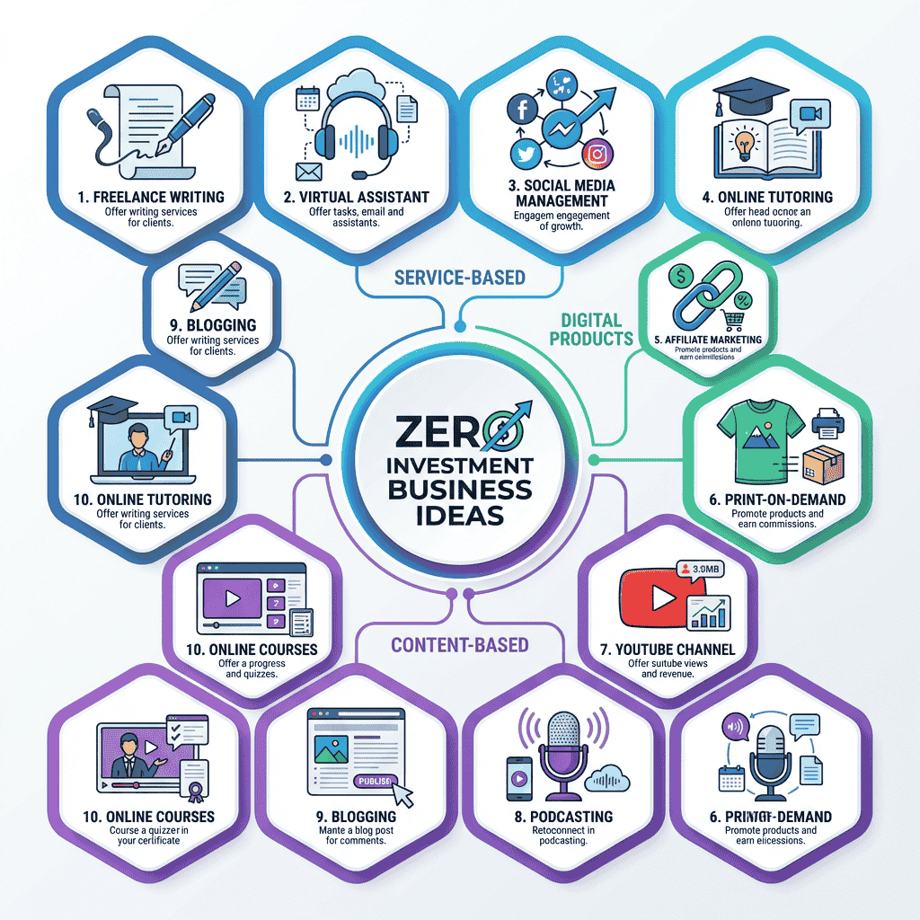 10 Zero-Investment Online Business Models Diagram