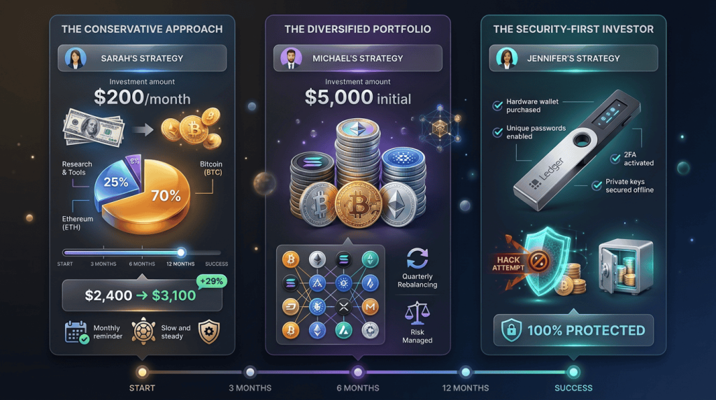 Three Paths to Crypto Success Beginner Investment Strategies Visualized