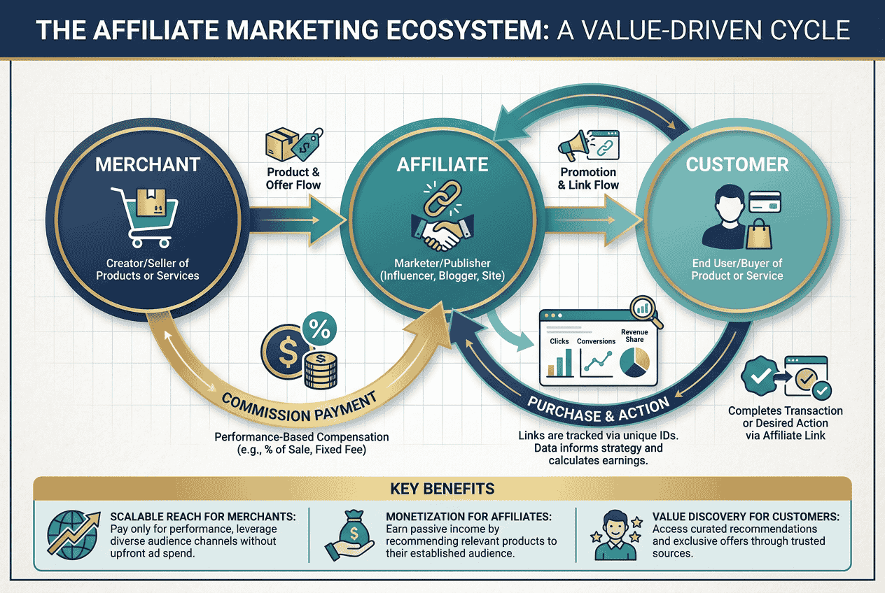informative visual graphic explaining the affiliate marketing ecosystem